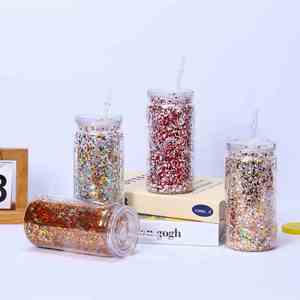 แก้วน้ำพลาสติกสองชั้นแบบมีฝาปิดพร้อมหลอดดูด ขนาด 16 ออนซ์ สีรุ้งวิบวับ ใช้ซ้ำได้ เหมาะสำหรับเครื่องดื่มเย็นๆ พกพาไปได้ - Product Image 2