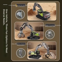 HY E 1:14 14CH Excavatrice RC en alliage avec pulvérisation d'eau, 3-en-1 : pelle, grappin et camion de construction télécommandé, véhicule d'ingénierie
