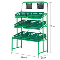 Groene groente- en fruitpresentatieplank voor winkels, metalen rekken met kunststof bakken