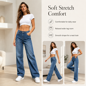 Jean en denim taille haute pour femme, coupe ample, jambe large, longueur intégrale, style décontracté vintage, polyester/coton respirant, été/printemps - Product Image 2