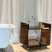 Chariot d'angle pliable moderne marron clair à 4 roues en plastique à double étage avec montage facile pour salon et bureau