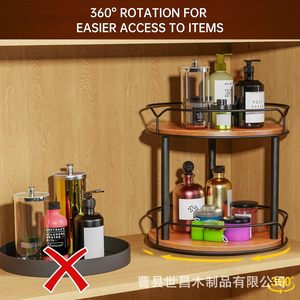 Two Tier Wooden Kitchen <b>Spice</b> <b>Rack</b> With Guardrail <b>Rotating</b> Storage For <b>Spices</b> And Condiments - Product Image 4