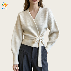 AJB Nouveau Cardigan Femme Col V Couleur Unie en Polyester/Nylon Anti-Plis avec Décoration à Lacets Style <span class=keywords><strong>Euro</strong></span>-Américain OEM Automne - Product Image 3