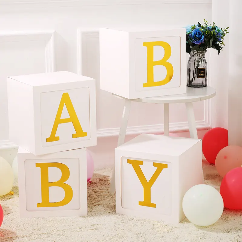 Blocs de douche avec ballons décorations ensemble boîtes transparentes blanches lettres de bébé en or boîtes de fête d'anniversaire pour la fête