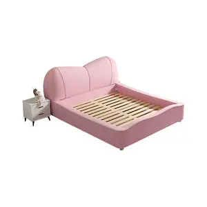 Ensemble de meubles de chambre à coucher pour enfants, nouveaux modèles de nœuds rembourrés, lits de maison roses pour enfants avec tête de lit souple, cadre de lit en bois pour enfants