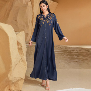 Abaya Islamica Blu Navy Resistente Cucita a Mano OEM/ODM, <span class=keywords><strong>Abbigliamento</strong></span> Islamico Taglie Forti, Vestito Lungo Elegante Stile Golfo per Ramadan ed Eid - Product Image 1