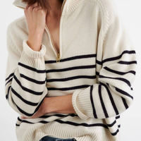Pull-over en maille ample à rayures décontracté et simple pour femme, avec col demi-zip et manches raglan tombantes