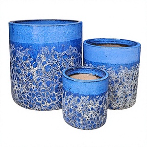Modern Glazed <b>Clay</b> Cylinder Flower Pots <b>Set</b> Blue Circular Pattern Floor Outdoor Garden Planters Drainage Hole DAIPHONGLAN - Product Image 1