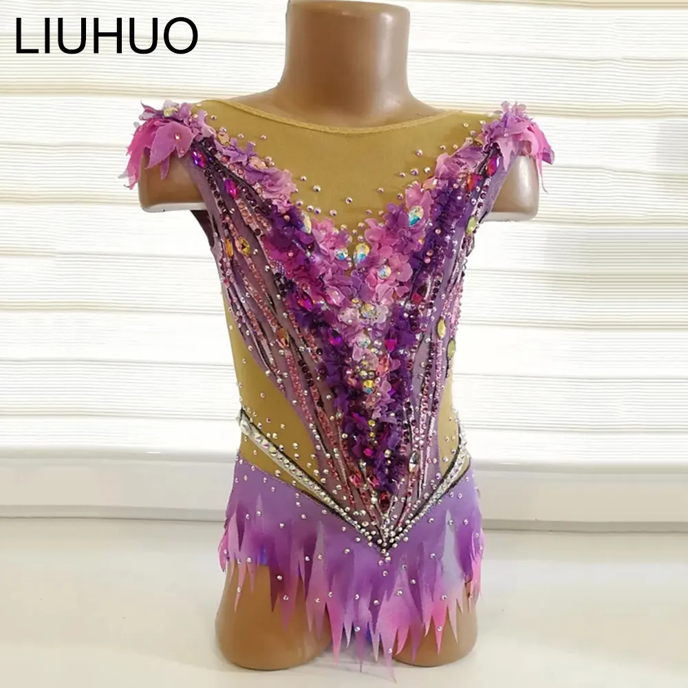 LIUHUO Rhythmic Gymnastics Costumes Girls Purple Sleeveless Competition Leotards