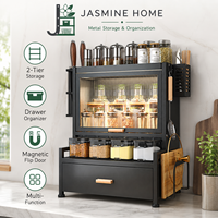 Organisateur de rangement pour comptoir de cuisine, étagère à épices à 2 niveaux avec porte rabattable anti-poussière et porte-ustensiles