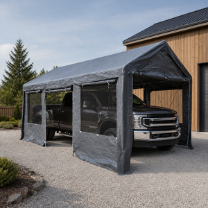 Abri de voiture 3x6m, <span class=keywords><strong>Garage</strong></span> à trois baies avec fenêtre en maille, couverture et porte enroulables, hauteur réglable - Product Image 4