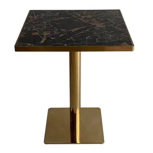 Artificial Marble Stone and Gold Metal Base Square Dining Table for Hotel/Restaurant/Fast Food/Canteen
