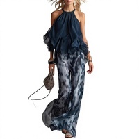 Ensemble deux pièces décontracté pour femmes, haut sans manches à col rond et pantalon long en mousseline, imprimé floral, coupe ample, tenue d'été pour les vacances