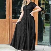 Robe chemise en jean grande taille pour femme, manches courtes, boutonnée, maxi, avec poches, décontractée, taille haute, coupe évasée longue