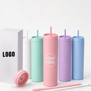 Gobelets fins en plastique acrylique mat de 16 oz, réutilisables, sans BPA, à double paroi, avec couvercles et pailles, personnalisables avec logo, pour la vente en gros et le DIY - Product Image 1