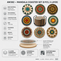 Ensemble de 8 dessous-de-verre bohèmes Mandala |   Contreplaqué peuplier imprimé UV acrylique 2 couches |   Décoration de table de bar ou de cuisine style bohème |   Cadeau personnalisable