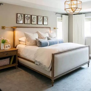 Vintage French Upholstered Panel <b>Bed</b> Solid Oak <b>Frame</b> Nailhead Trim Farmhouse Bedroom <b>Bed</b> Multiple Size Available - Product Image 1
