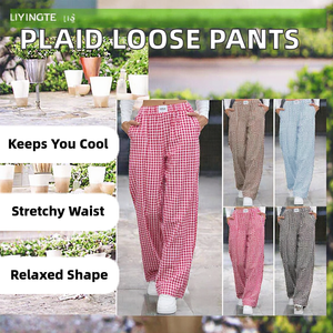 Women's Breathable Elastic Waist Mid Waist Flat Front Button Detail Summer Casual Plaid <b>Boxer</b> Shorts Long Pants Loose Pocket - Product Image 2