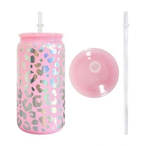50Packs Holographic Colored Leopard 16Oz Glass Can With Plastic Lids Uv Dtf <b>Wraps</b> <b>Vinyl</b> for Iced Coffee Soda - Product Image 3
