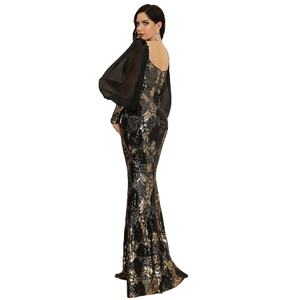 Venta al por mayor de las mujeres de lentejuelas negras de encaje vestidos de noche elegante señora linterna manga Gala largo vestido de fiesta de cumpleaños desgaste - Product Image 3