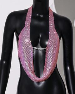 Top Corto da Donna con Spalline e Collo all'Americana in Metallo, Abbigliamento Femminile con Strass e Paillettes per Nightclub - Product Image 4