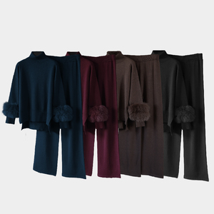 Set Casual in Misto Lana per <span class=keywords><strong>Donna</strong></span>, Maglione a Collo Alto alla Moda con Polsini in Pelliccia di Volpe e Pantaloni a Gamba Larga - Product Image 1
