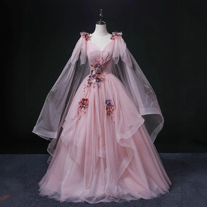 Dusty Rose Pink Long Tulle Dress With 3D Floral Embellishments Stage Performance Women's Elegant Gown - Product Image 2