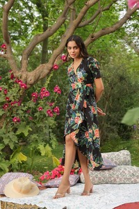 Robe élégante en coton avec imprimé floral sans manches ou manches courtes pour dames pour la mode du printemps et de l'été - Product Image 5