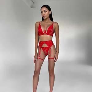 Vente en gros soutien-gorge brodé de bijoux vintage européen et ensembles de jarretière bleu intimes strass push up femmes lingerie sexy - Product Image 3