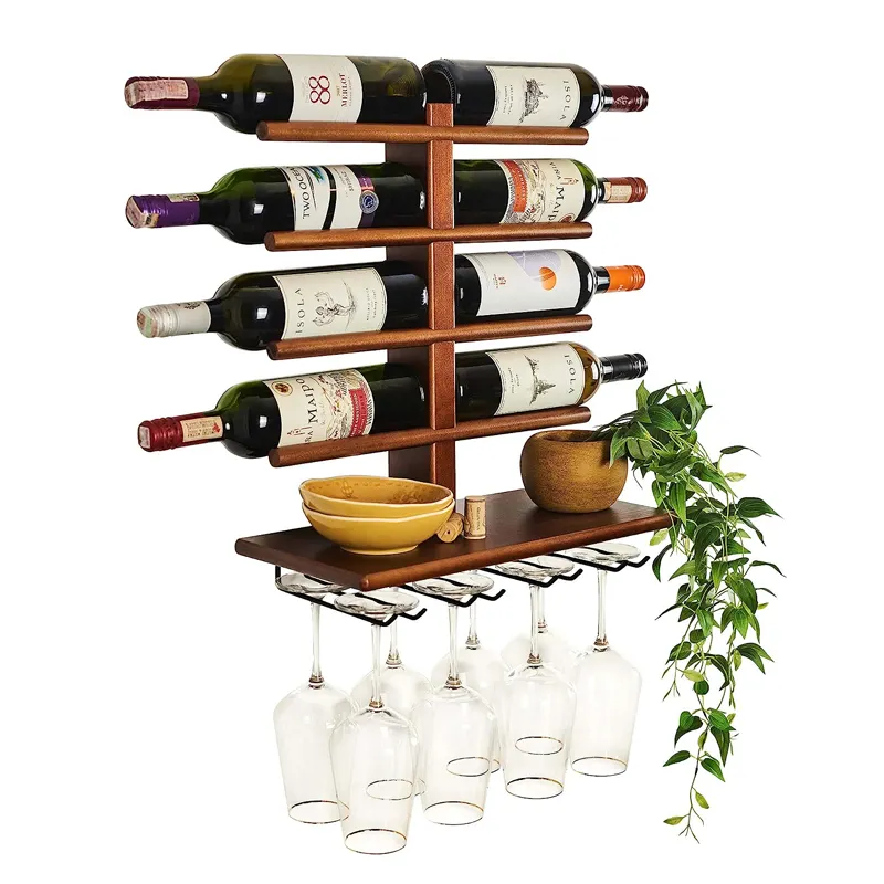 ワイン装飾ホルダー8グラスウッド素朴なワインフローティングラックステムウェアハンガー付きワインラック壁掛け棚