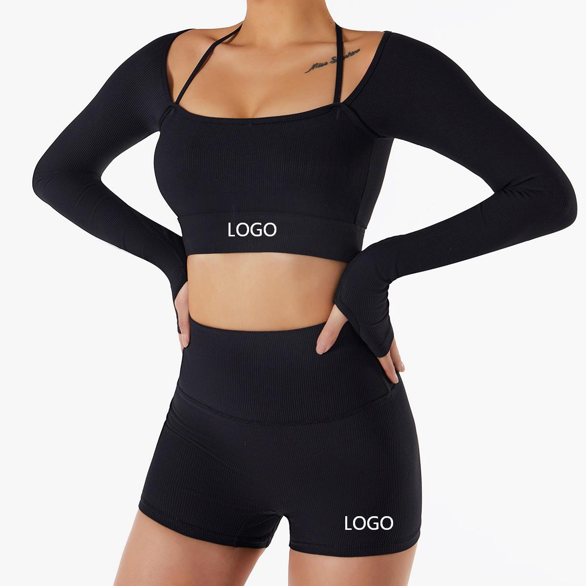 Breathable For Sports Fitness Ribbed Tight Yoga Outfit Set-Women's Top & Shorts Two-Piece With Chest Pads And Front Logo
