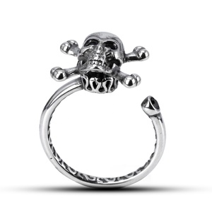 316L Stainless Steel Fidget <b>Ring</b> for Anxiety <b>Skull</b> and Crossbones Design Black Gemstone Accent Open Adjustable Dark Jewelry - Product Image 4