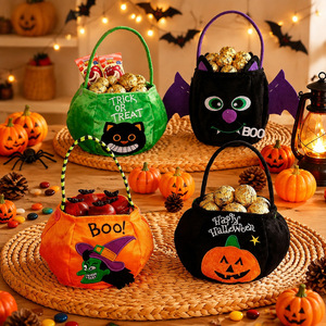 Seau à bonbons d'Halloween en peluche avec poignée, motif mignon de citrouille et sorcière, sac cadeau pour la fête des enfants - Product Image 5
