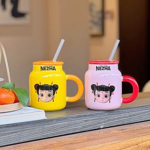 Taza de cerámica Nezha con tapa y pajita, diseño de dibujos animados para niñas, regalo de cumpleaños, uso en el hogar y la oficina - Product Image 1