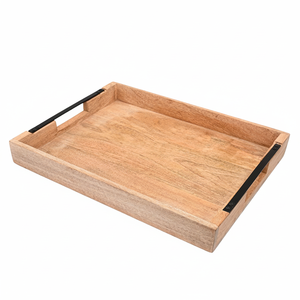 Plateau artisanal en bois de manguier avec poignée en métal rustique pour servir le café dîner bar petit déjeuner table de cuisine ou affichage décoratif - Product Image 1