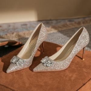 Zapatos de Tacón de Aguja con Cristales Plateados, de Cuero, de Punta, Cómodos, Sin Cordones, para Bodas Formales - Product Image 2