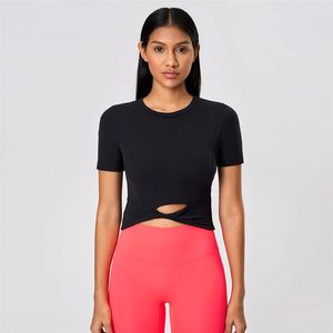 T-<span class=keywords><strong>shirt</strong></span> de sport décontracté à manches courtes pour <span class=keywords><strong>femme</strong></span>, torsadé, amincissant, de haute qualité, pour le yoga et le fitness - Product Image 5