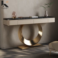 Console de couloir moderne avec plateau en pierre frittée marbrée, pieds en acier inoxydable et tiroirs de rangement