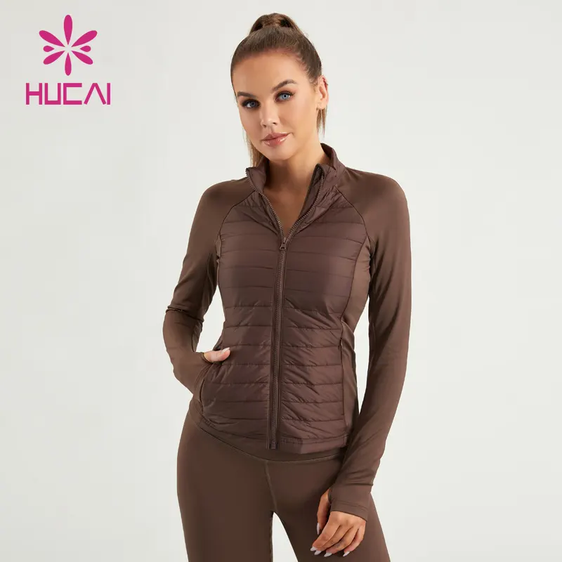 HUCAI-Ropa deportiva personalizada con cremallera completa, chaqueta de yoga para mujer, ajustada, de algodón con costuras empalmado, cálida, para entrenamiento, correr, gimnasio, top