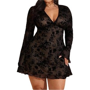 Women's Plus Size Vintage Floral Mesh Mini <b>Dress</b> V Neck <b>Bell</b> Sleeve Fit And Flare Sheer Layer Going Out <b>Dress</b> - Product Image 1