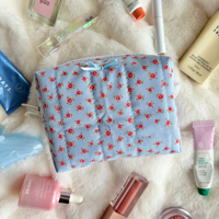 Pochette cosmétique pliable en coton blanc, écologique, avec imprimé de petits cœurs et de créatures de dessin animé, fermeture éclair, pour femmes