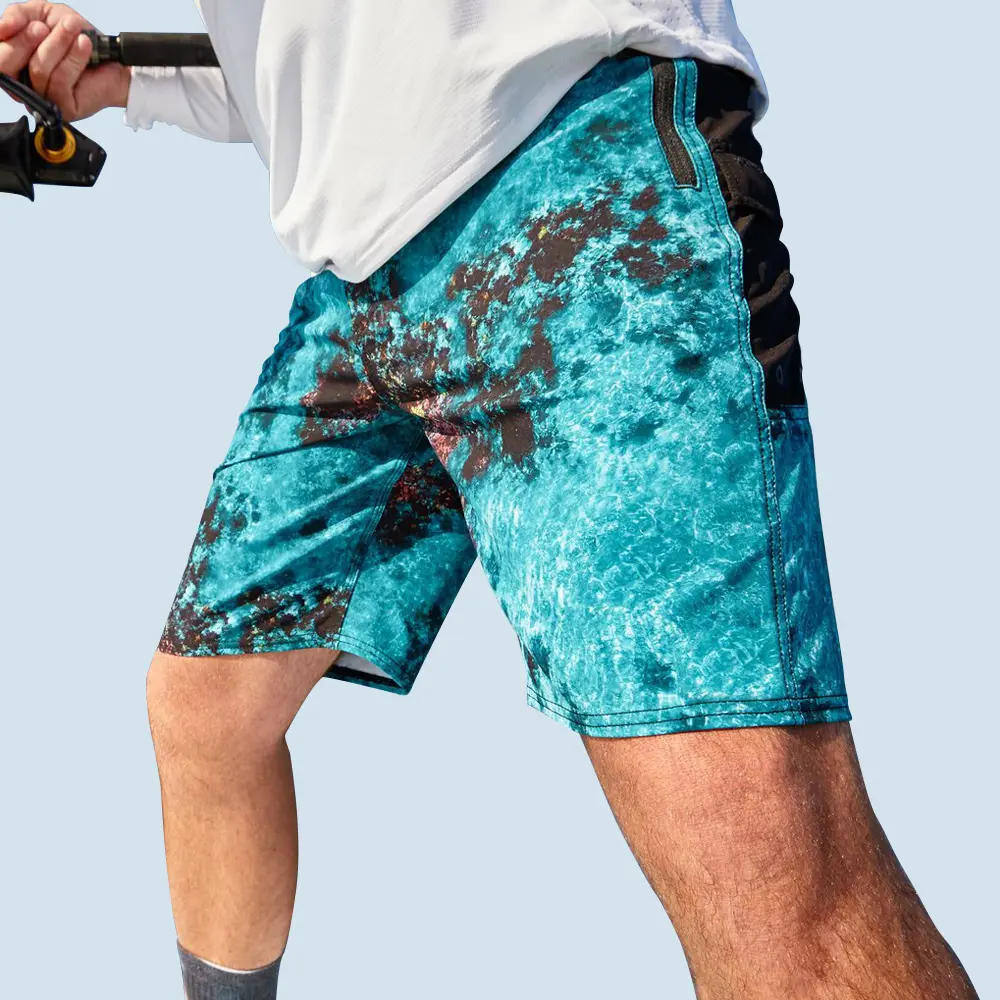 Custom Mens Swimwear Sublimated Beach Shorts Board Shorts 4 Way Stretch Recycled Fishing Shorts panelled Print Pattern for Men