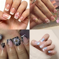 Lot de 10 faux ongles carrés en acrylique faits main, pré-dessinés, à pression, avec colle pour doigts