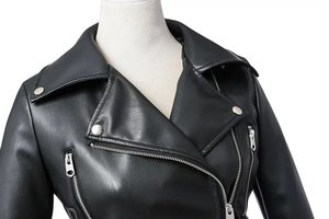 Nueva Chaqueta de Piel Sintética para <span class=keywords><strong>Mujer</strong></span> Otoño Invierno Negra con Cremallera Abrigo Básico Cuello Vuelto Chaqueta de Motociclista con Cinturón - Product Image 3