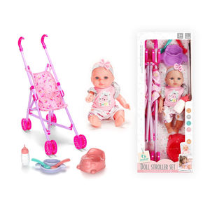 Poussette pour poupée en vinyle de 12 pouces avec accessoires d'alimentation, jouet à pousser pour jeu d'imitation pour enfants, apprentissage précoce, cadeau parent-enfant - Product Image 2