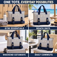 Sac fourre-tout de yoga en toile rayée personnalisé OEM avec fermeture éclair, sangles réglables pour tapis, poche avant et étiquette logo tissée pour le yoga et le Pilates
