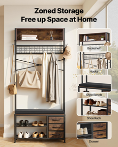 Modern Rustic Brown & Black Wooden 4-in-1 Coat <b>Shoe</b> Rack Hall Tree Factory Wholesale for Front Door Entrance Coat Stands - Product Image 5
