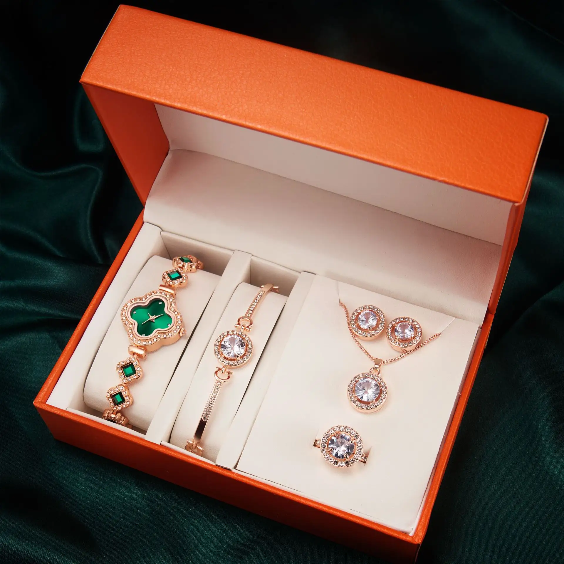 Female watches Jewelry sets Luxury Quartz Wrist Watch 5pcs Sets With Box Colorful Ladies rhinestone Watch Gift Set