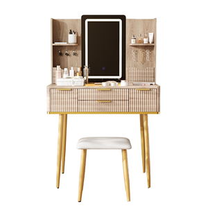 Modern 4-Drawer Solid Oak Wood Vanity Desk LED <b>Mirror</b> Carved Details Fluted Makeup <b>Table</b> Bedroom Living Room Metal Legs PU Stool - Product Image 1