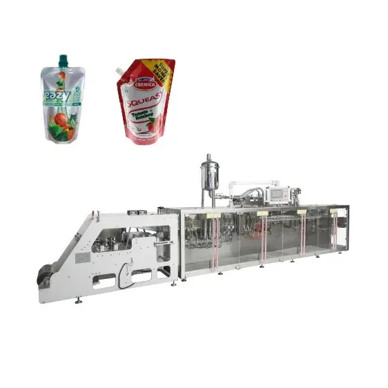 Máquina de embalaje para bebidas energéticas, refrescos, completamente automática, con caño dúplex integrado, máquina de embalaje de sellado de llenado doypack